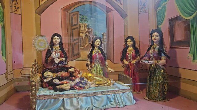 Interior views of Janaki Temple, also known as Mata Janaki Mandir, in Janakpur, Nepal, featuring colorful religious sculptures and detailed scenes depicting characters and stories from Hindu tradition
