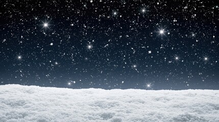 Fototapeta premium Bright stars illuminate falling snowflakes over a snowcovered landscape.