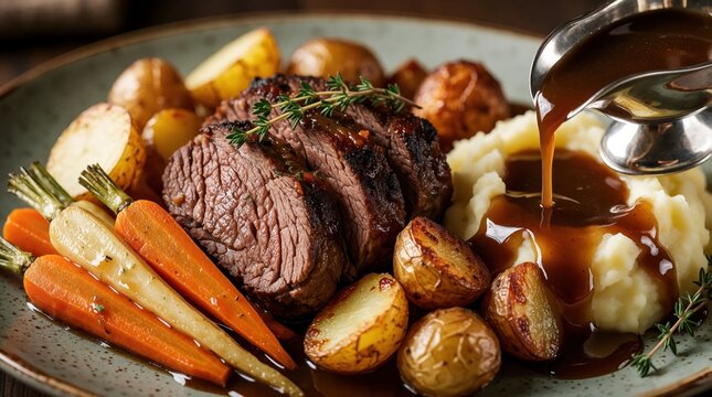 Close up of roasted beef slices with mashed potatoes, small roasted potatoes on plate. Cook pours brown gravy from sauce boat over meal. Side of cooked carrots, herbs make delicious traditional