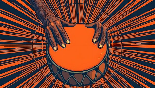 Illustrated hands playing djembe drum with radiating rays