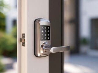 Naklejka premium A modern smart door lock with a numeric keypad and sleek silver handle is installed on a white door, hinting at advanced security and home automation.