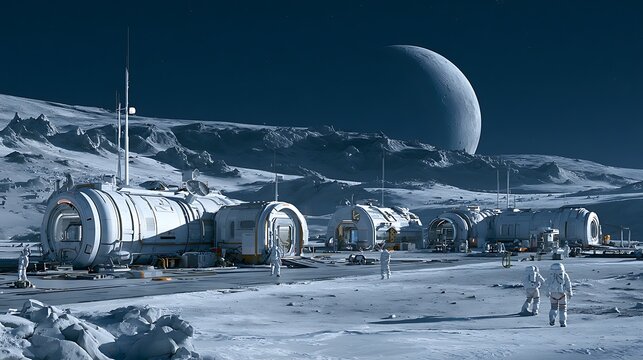 Futuristic lunar colony base on the moon surface with astronauts.