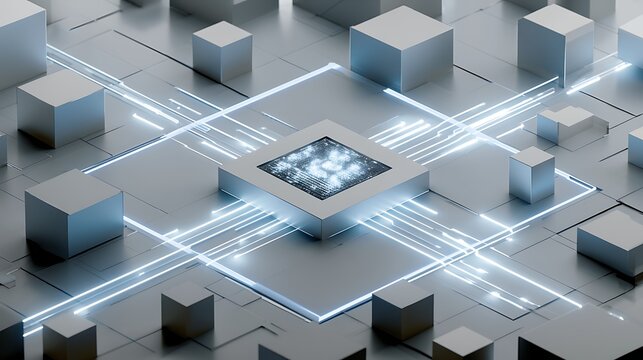 Autonomous AI business decision system, central intelligent processor evaluating multiple streams of sales, finance, customer and market data,