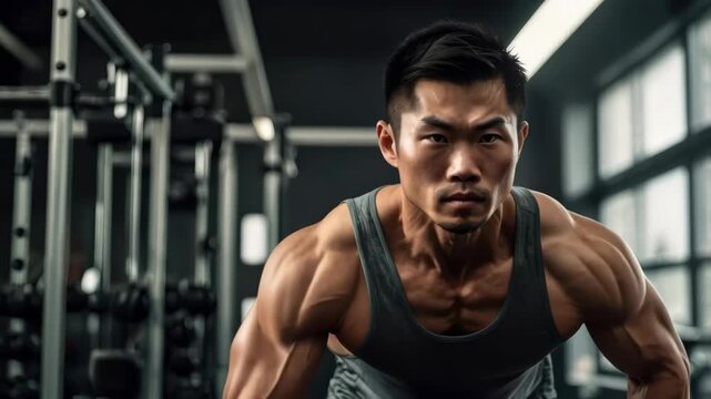 Muscular Asian Man Performing Barbell Upright Row in Modern Gym for Fitness Training