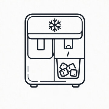 Linear icon of ice maker machine with cubes visible. Minimalist outline drawing of small kitchen appliance. Symbol for cooling, freezing, domestic device.