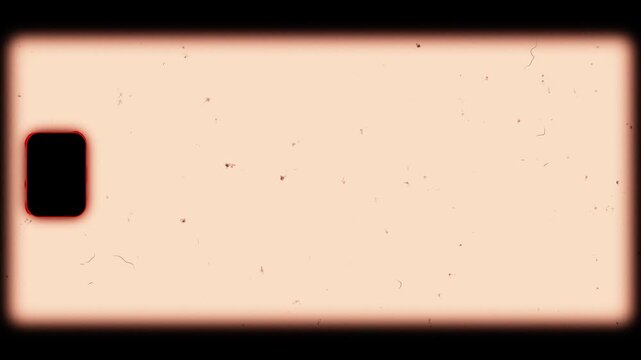 Vintage 8mm film frame overlay. Warm cream retro film strip with single sprocket hole. Old cinematic dust hair and scratches effect.