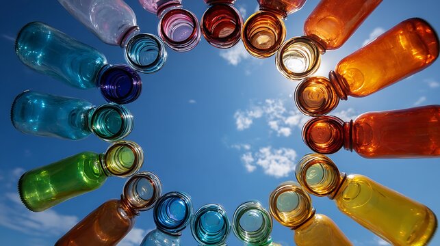 Colorful glass bottles arranged in a circle against a bright blue sky symbolizing recycling and environmental awareness perfect for eco-friendly campaigns