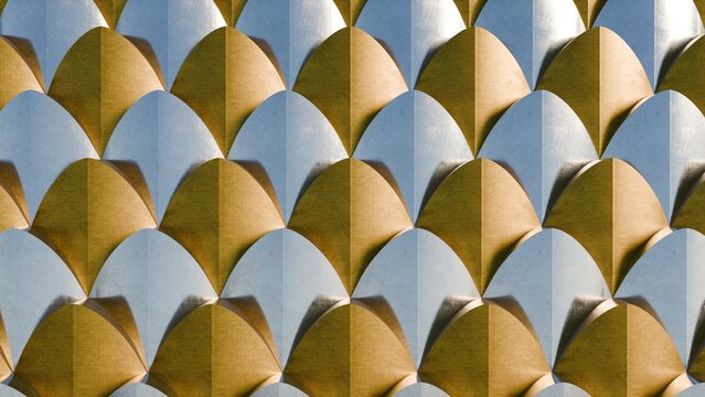 Luxury 3D geometric pattern background with alternating gold and silver metallic scale tiles. Ideal for premium architecture wall cladding, luxury packaging background, and modern interior decor