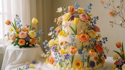 Fototapeta premium Tiered cake decorated with colorful fresh flowers and green stems. Smaller floral arrangement sits nearby table. Sweet confection, celebration dessert, natural beauty.