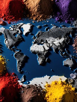 World map made of metallic ore, minerals on blue background. Colorful powder piles of rare earth elements surround global landmass. Concept of global supply chain, mineral extraction, mining