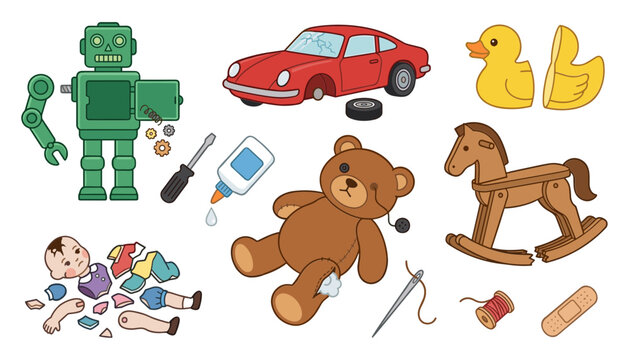 Vintage Toy Repair and Restoration Collection with Robot Car Teddy Bear Doll Rocking Horse Duck Tools Sewing Needle and Bandages