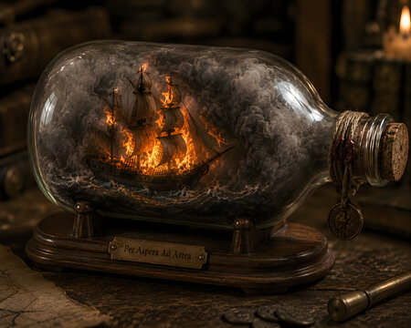 Vintage ship in a bottle with burning sails, miniature sailing vessel on fire inside glass, nautical fantasy art with stormy smoke