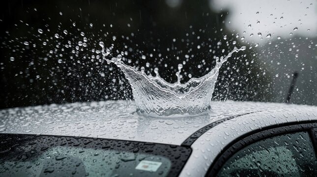 Heavy rain hail hits silver car roof creating large water splash. Intense storm weather causes damage to vehicle. Closeup shows liquid impact on metallic surface during extreme weather event.