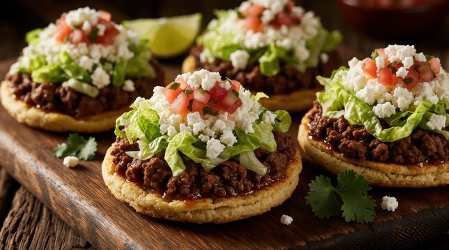 Three Mexican sopes with ground meat, lettuce, crumbled cheese on wooden board. Delicious corn masa base topped with fresh salsa, cilantro. Traditional street food served as tasty appetizer snack