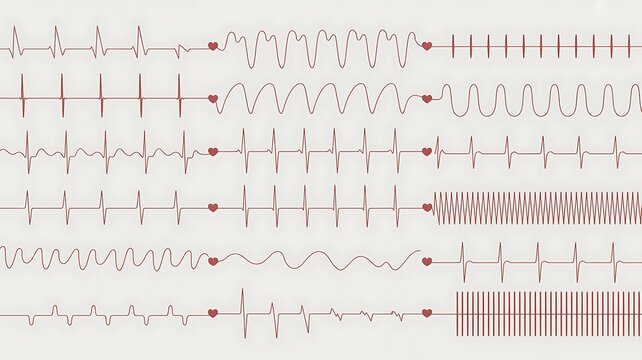 Electrocardiogram heartbeat waveforms collection showing medical heart rhythm patterns on white background