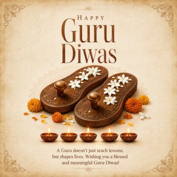 Guru diwas spiritual tribute poster featuring sacred paduka sandals, jasmine flowers, diyas, vintage parchment texture and traditional Indian reverence artwork for devotional celebration card designs.