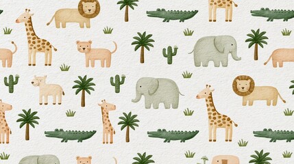 Fototapeta premium The Safari Animal Pattern: Whimsical Elephants Giraffes Lions and Crocodiles Repeating