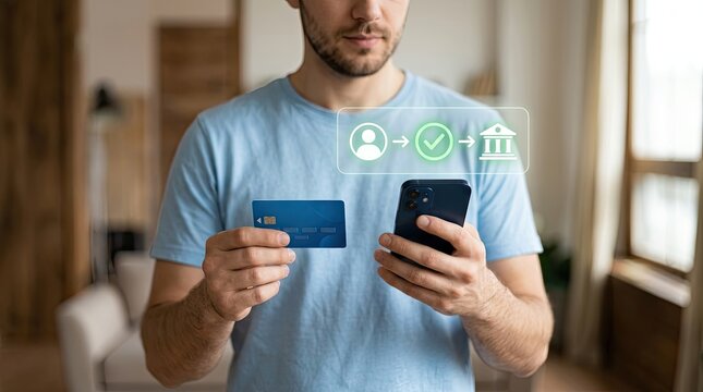 Man Using Credit Card and Mobile Phone for Secure Online Banking and Payment