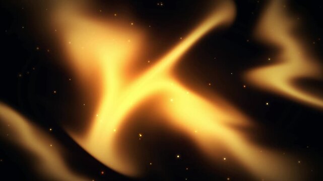 Abstract Golden Glowing Energy Waves and Floating Sparkle Particles on Dark Background