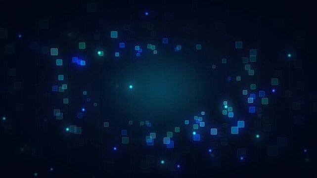 Abstract digital technology background with glowing blue square particles and bokeh light effects in cyberspace