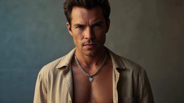 Man Portrait Adult With Serious Expression, Open Shirt, Silver Necklace, Defined Face Gaze
