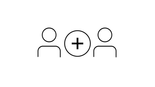 Two simple person icons are connected together by a plus sign symbol representing the act of adding a new partner or member on white background image