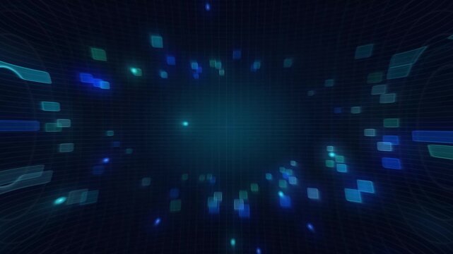 Abstract futuristic digital cyber tunnel background with glowing blue pixels