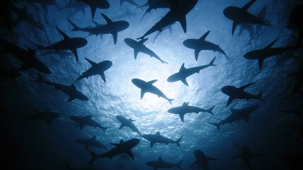 Obraz premium The Shark Swarm Gliding Silhouettes Beneath Sunlit Ocean Surface in Deep Blue