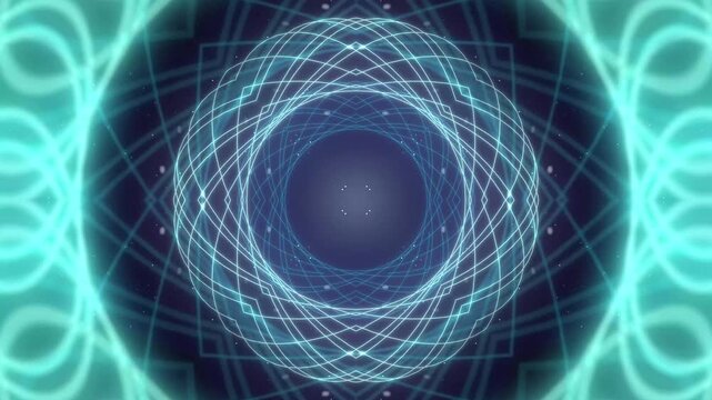 Futuristic Glowing Cyan Digital Mandala with Concentric Geometric Circles and Ethereal Energy on Dark Blue Background