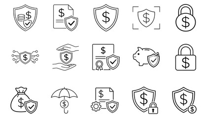 Fototapeta premium Sets of 15 outline financial protection icons for insurance, savings, banking, security, and safety.