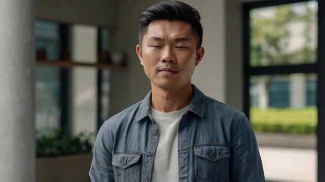 Asian man adult portrait with serious expression wearing denim shirt indoors, male fashion closeup
