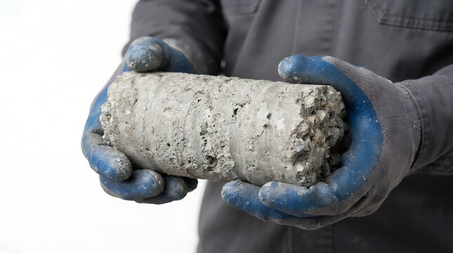 Construction Worker Holding Concrete Core Sample for Quality Inspection Testing in Industrial Environment