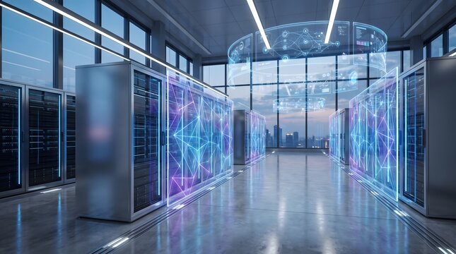 Futuristic Data Center with Server Racks and LED Lighting
