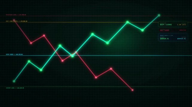 Vibrant digital interface presenting real-time data analysis with glowing green and red trend lines, visualizing market fluctuations, financial growth, and strategic insights