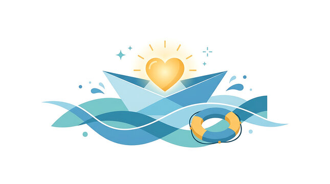 World Suicide Prevention Day paper boat with heart and lifebuoy, isolated on white, transparent background