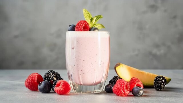Pink Berry Smoothie with Raspberry Blueberry Garnish and Sliced Tropical Fruit on Rustic Gray Table