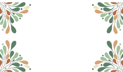 Fototapeta premium Abstract foliage design featuring green, orange, and brown leaf and droplet shapes framing the corners of a plain white canvas.