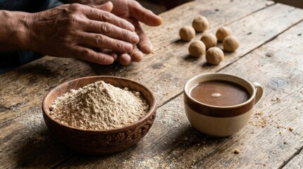 Fototapeta premium Hands Shaping Small Dough Balls on Floured Rustic Work Surface