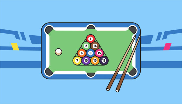 Colorful billiard balls arranged in triangle with pool cues on green felt table viewed from top down perspective.