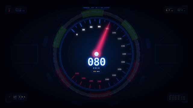 Futuristic high-tech digital speedometer interface with glowing neon HUD display elements and red gauge needle