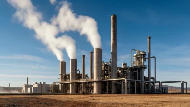 Industrial Refinery Smokestack and Chimney Releasing White Steam Beneath Clear Blue Sky and Empty
