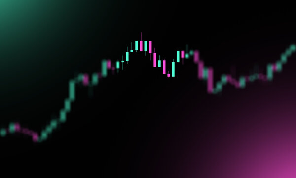 Abstract financial trading chart with glowing candlestick patterns on a dark background representing stock market volatility and economic growth.