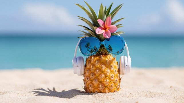 The Pineapple on the Beach Wearing Sunglasses and Headphones With Tropical Vibes