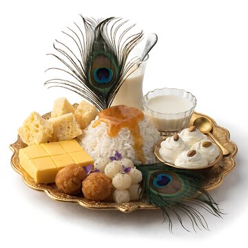 Traditional indian sweets offering thali plate decorated with peacock feather for janmashtami festival celebration offerings festival celebration janmashtami traditional hinduism