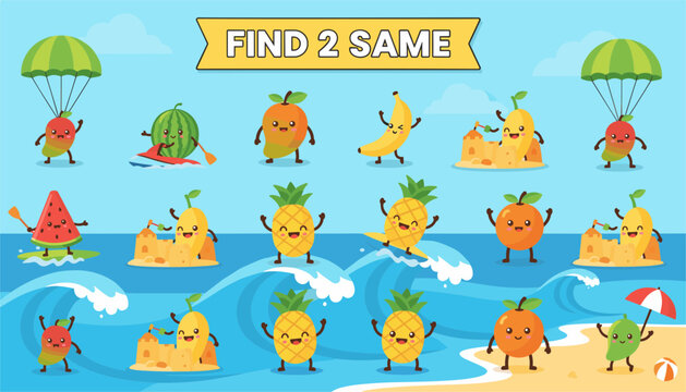Educational find two same game puzzle for kids featuring cute cartoon tropical fruits playing on a beach background.