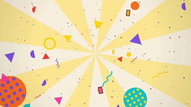 Memphis Bright and cheerful abstract background with confetti and geometric shapes in yellow and white radial bursts