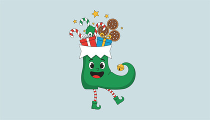 Naklejka premium Cheerful green elf boot stocking filled with candy canes, gifts, and cookies walking on a clean light blue background.