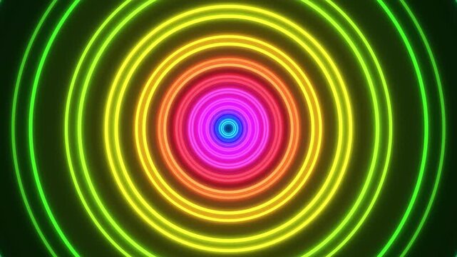 Abstract Glowing Neon Concentric Circles Tunnel Background with Vibrant Rainbow Color Gradient Effect