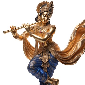 Golden statue of a hindu deity playing a bamboo flute wearing ornate traditional attire jewelry flowing blue fabric with figurine instrument traditional mythology religion sculpture