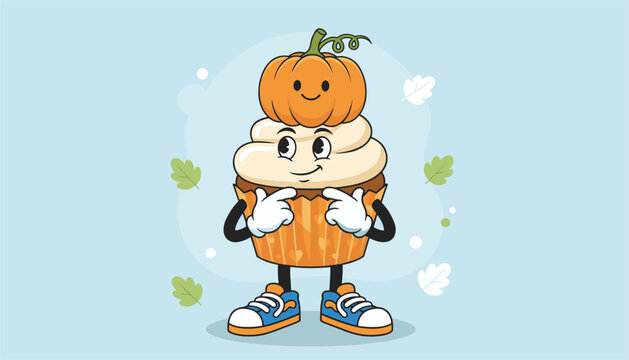 Friendly cartoon cupcake character with white frosting and a cute smiling pumpkin on top, on a blue background.
